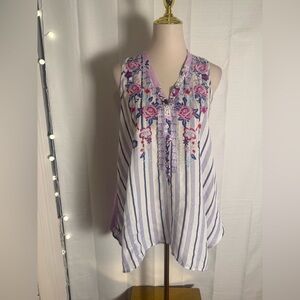 Boho Floral Embroidered Sleeveless Tunic Top Striped & Purple Mix Print Small